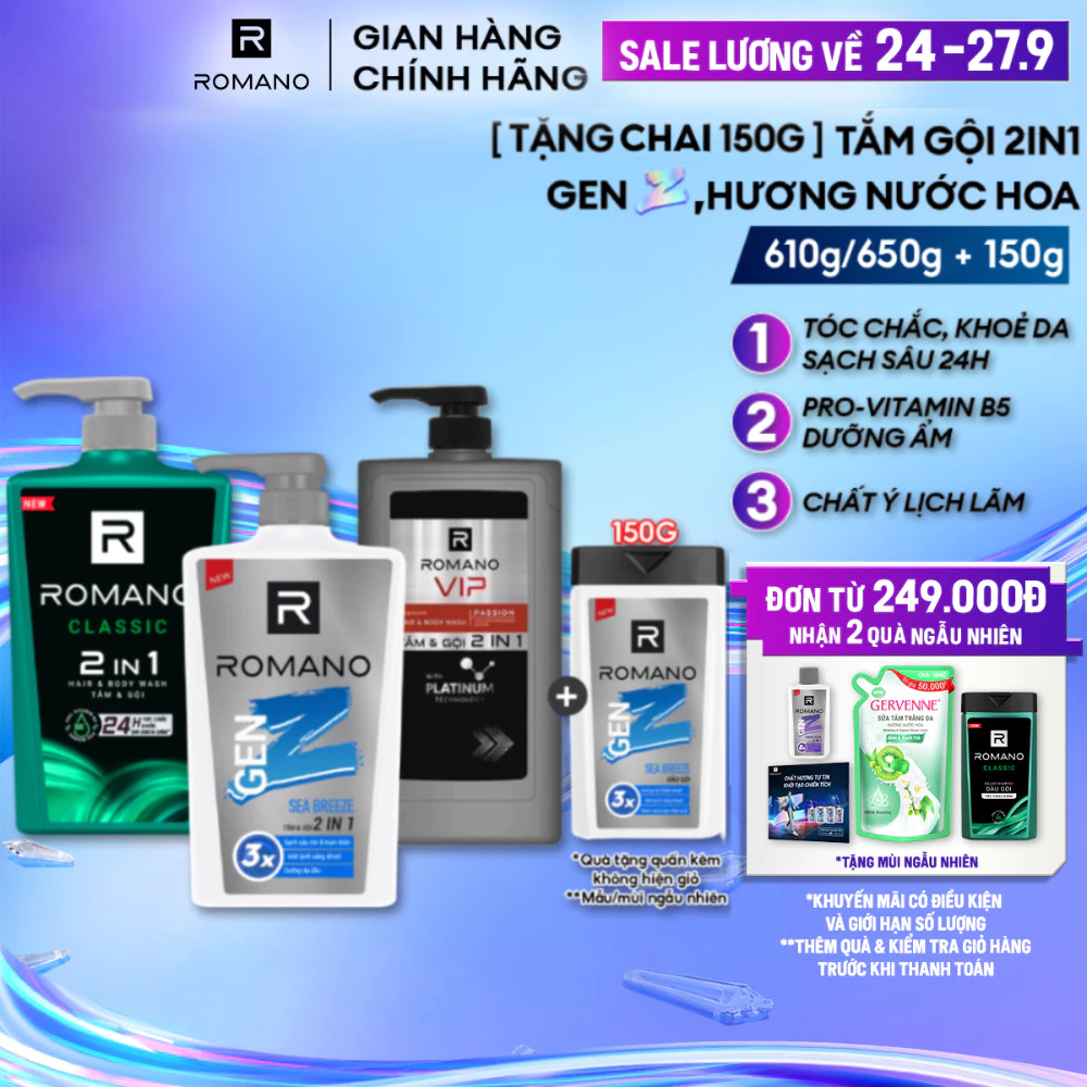 [TẶNG Chai 150G] Tắm gội 2in1 cho nam Romano hương nước hoa 650g/ Gen Z 610g/ VIP 650g (Tặng phân loại ngẫu nhiên)