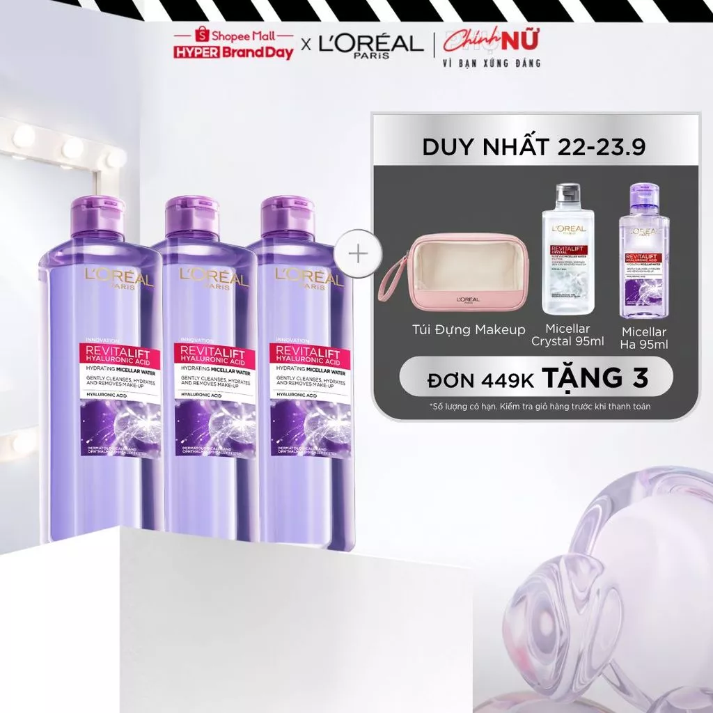 Bộ 3 Nước tẩy trang đa năng 3-in-1 giúp làm sạch da L'Oreal Paris Micellar 400ml