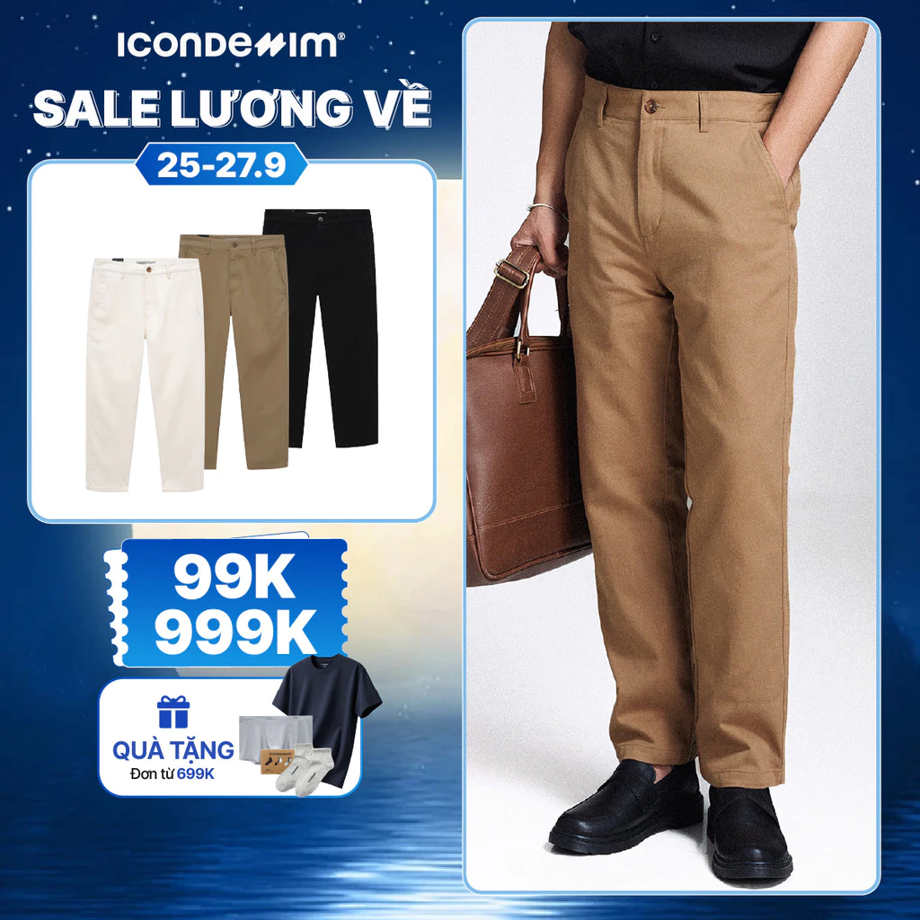 Quần kaki nam ICONDENIM, quần dài ống suông che khuyết điểm chân tôn dáng, chất vải kaki cao cấp bền màu QKID0026