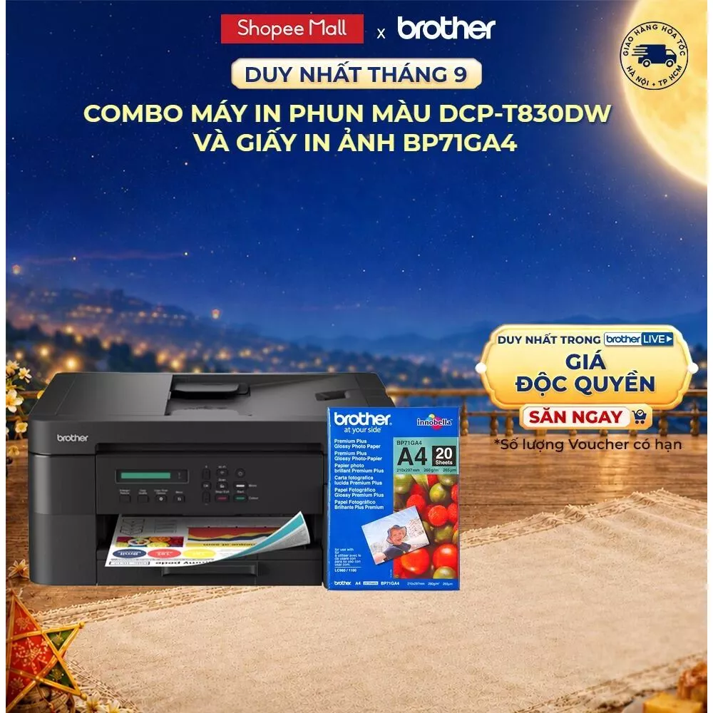 Combo máy in phun màu đa năng Brother DCP-T830DW+ Giấy in ảnh BP71GA4