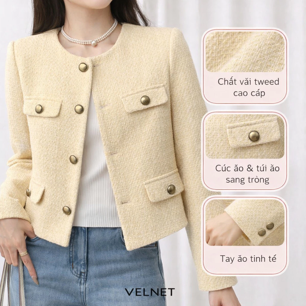 Áo Dạ Tweed Vàng Kem 4 Nắp Túi 2 Lớp