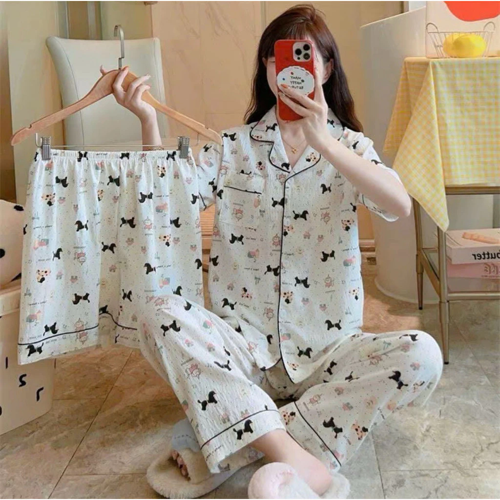 Combo Bộ Ngủ 3 Món Nữ - Pijama Áo Quần Dài Quần Đùi Mát Mẻ Phù Hợp Mùa Hè B74876