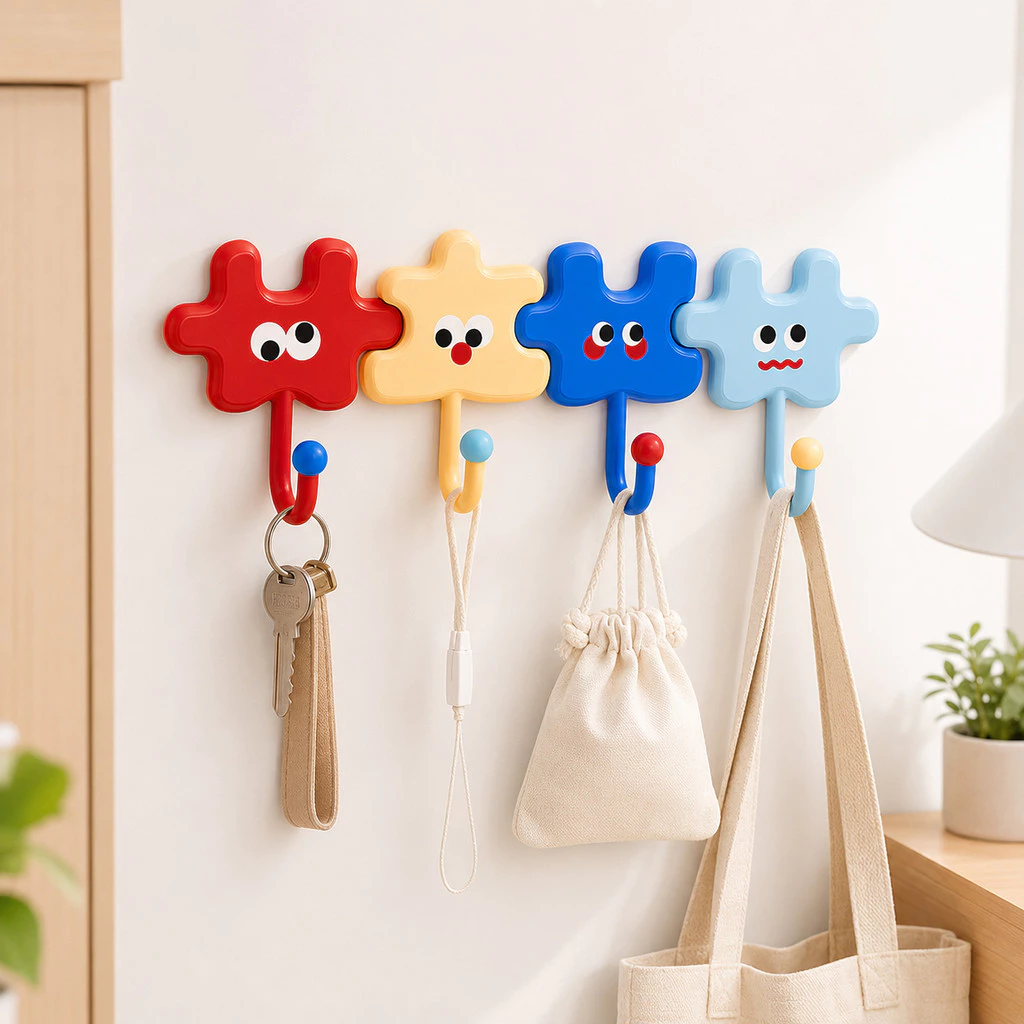 Móc Dán Tường Hình Ghép Hoạt Hình Không Cần Khoan Treo Chìa Khóa Túi Xách Chống Nước Bộ 4 Màu 8x8.5cm