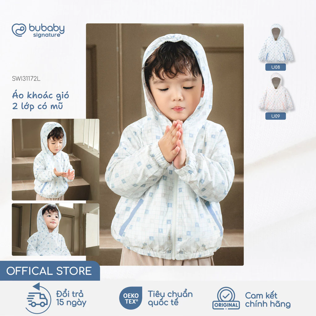 Áo khoác gió có mũ 2 lớp BU Baby, áo khoác trẻ em, áo khoác chống gió, áo gió thời trang | SWI31172L