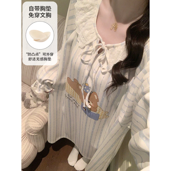 Đệm Váy Ngủ Bộ Đồ Ngủ Nữ Plus Kích Thước Bộ Đồ Ngủ Đầm Thu Đông Tay Dài Đồ Ngủ Người Phụ Nữ Rời Mặc Ở Nhà M-3XL