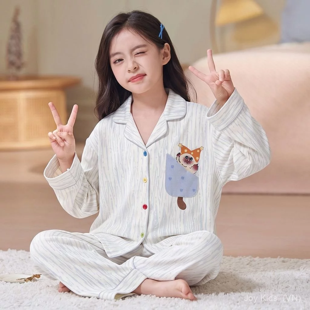 Dễ Thương Dễ Thương Dễ Thương Phù Hợp Với Mỏng Hoạt Hình Tay Siêu Dài Bé Gái Nhà Quần Áo Ve Áo Trẻ Em Bé Xuân Thu Bé Gái Bộ Đồ Ngủ