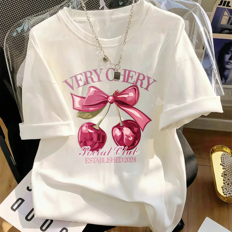 Hot trend Áo thun nữ phong cách ngọt ngào, cổ tròn tay ngắn in cherry nơ hồng phù hợp đi chơi hàng ngày