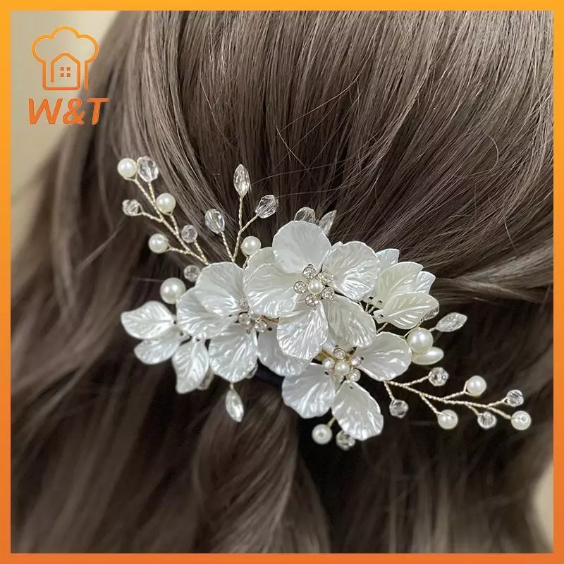 [W & T] Kẹp Tóc Hoa Ngọc Trai Pha Lê Mũ Thanh Lịch Cho Nữ Trang Sức Cô Dâu Cưới Phụ Kiện Tóc Mới