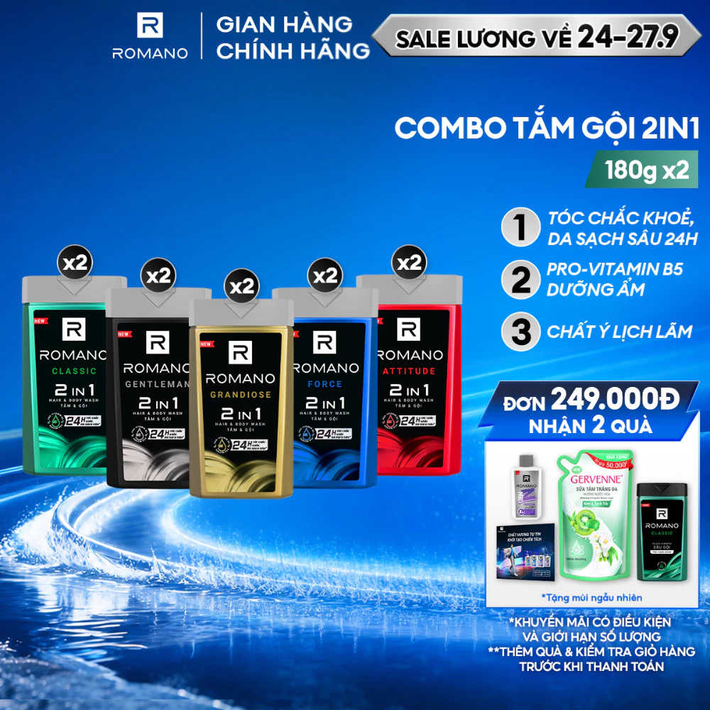 Combo 2 Tắm gội cho nam 2 trong 1 Romano 180g/chai
