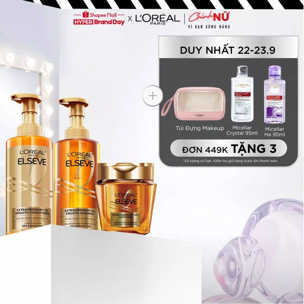 Bộ gội xả và mặt nạ ủ tóc giúp tóc suôn mượt, nuôi dưỡng sâu Extraodinary Sleek Oil Smooth L'Oreal Paris 440mlx2, 250ml