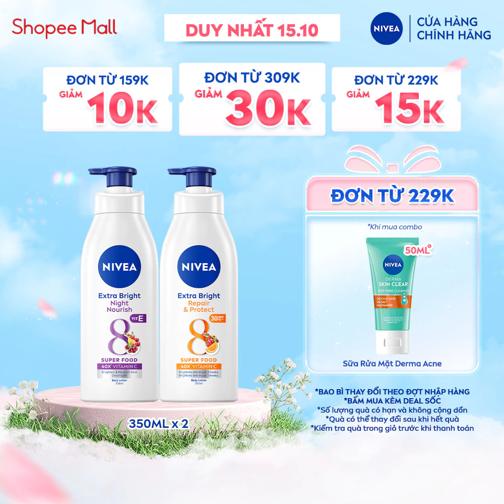 Bộ 2 Sữa Dưỡng Thể NIVEA 8 Super Foods Ngày Và Đêm Dưỡng Sáng Da | Phục Hồi | Bảo Vệ Da (350 ml) - 98412+88311