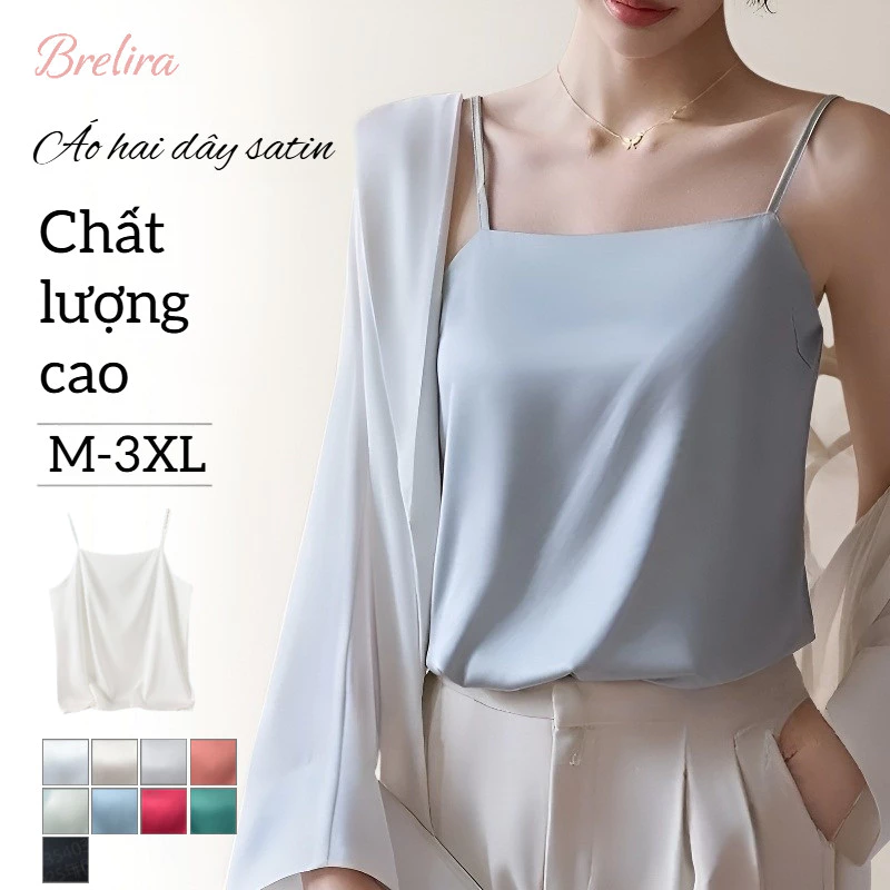 『 Brelira 』Satin Tank Top Nữ Áo hai dây lụa mỏng mùa hè dáng rộng cổ tròn kiểu áo hai dây Hàn Quốc cơ bản