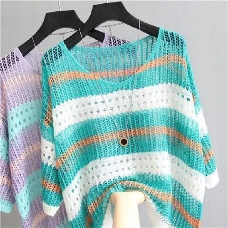 Áo Dệt Kim Lụa Băng Màu Sắc Mùa Hè Mới, Khoét Lỗ, Tay Lửng, Dáng Rộng, Kiểu Retro, Mỏng Nhẹ, Chống Nắng Dành Cho Nữ.