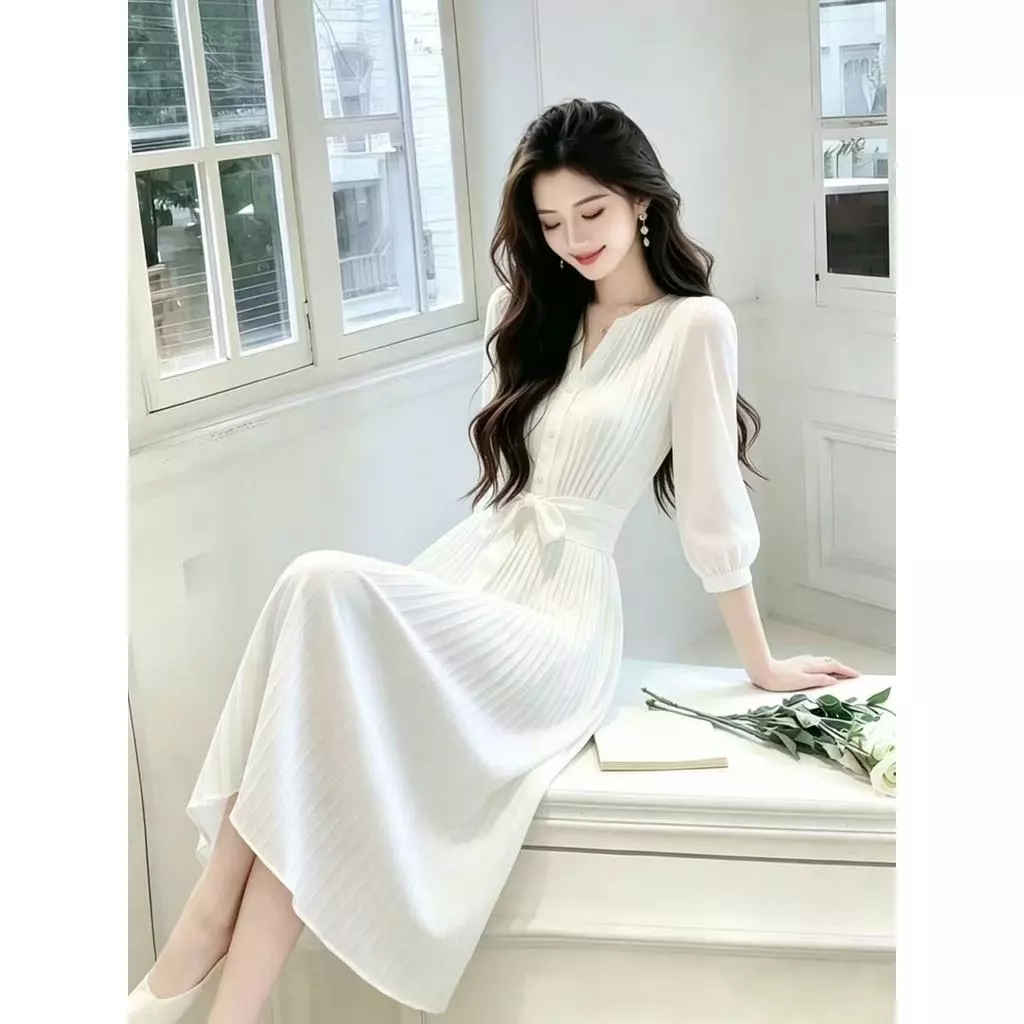 Đầm Nữ Mùa Xuân Mùa Hè Phong Cách Mới Phiên Bản Hàn Quốc Mỏng Hơn Nhìn Hẹp Eo Xếp Ly Lớn Xoay Váy Du Lịch Trắng Pháp