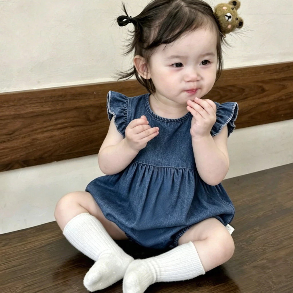 Áo liền quần Denim màu xanh trơn không tay mùa hè cho bé gái 0-24 tháng