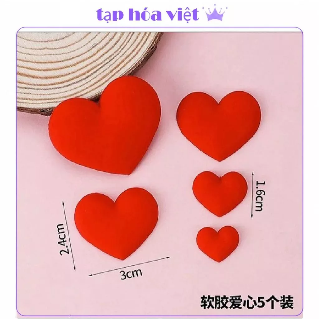 (2 SET) MIẾNG TIM NHỰA SILICON trang trí bánh kem, set 5 tim đỏ trang trí bánh sinh nhật