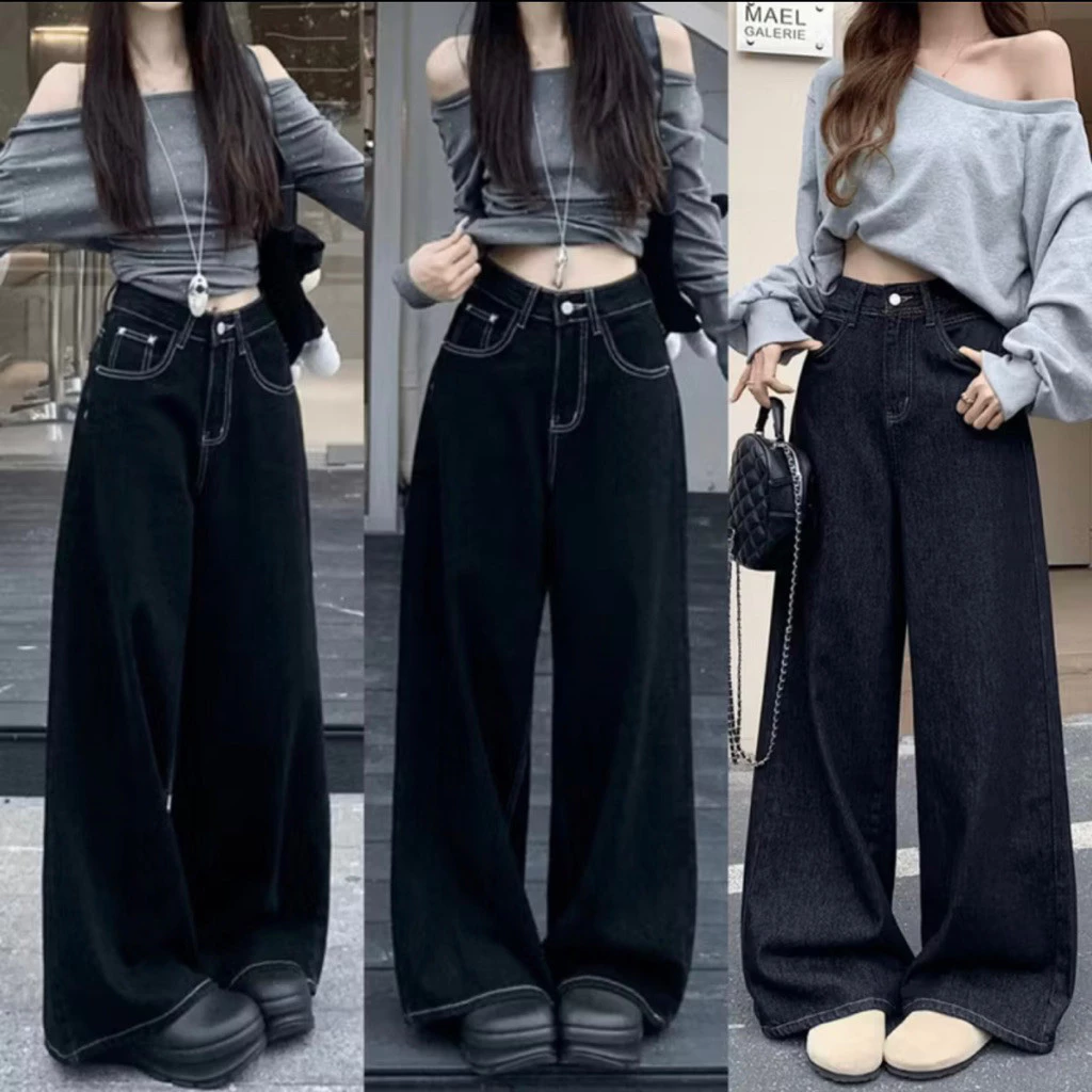 Quần jean suông ống rộng, quần jean suông viền chỉ nổi lưng cao cá tính WJeans087