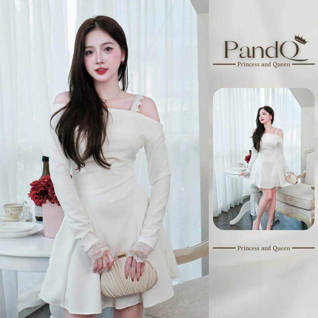 Váy trắng trễ vai hai dây viền ren tay dài dáng xòe PandQ tiểu thư dự tiệc vải thun cotton | vd0108