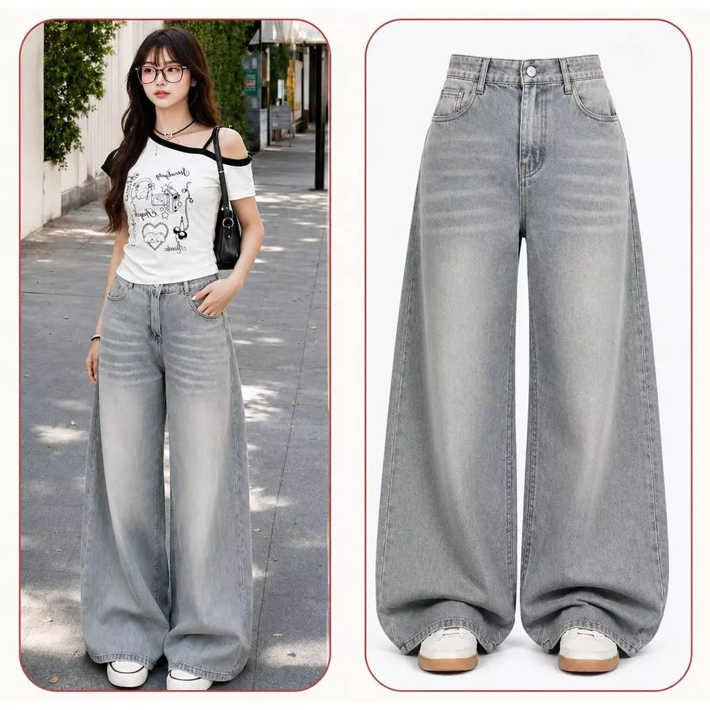 [Ống 30cm]Quần Jeans Nữ Ống Rộng Cạp Cao Wash Xanh Xám  | Jean Form Suông Dài Tôn Dáng Cá Tính