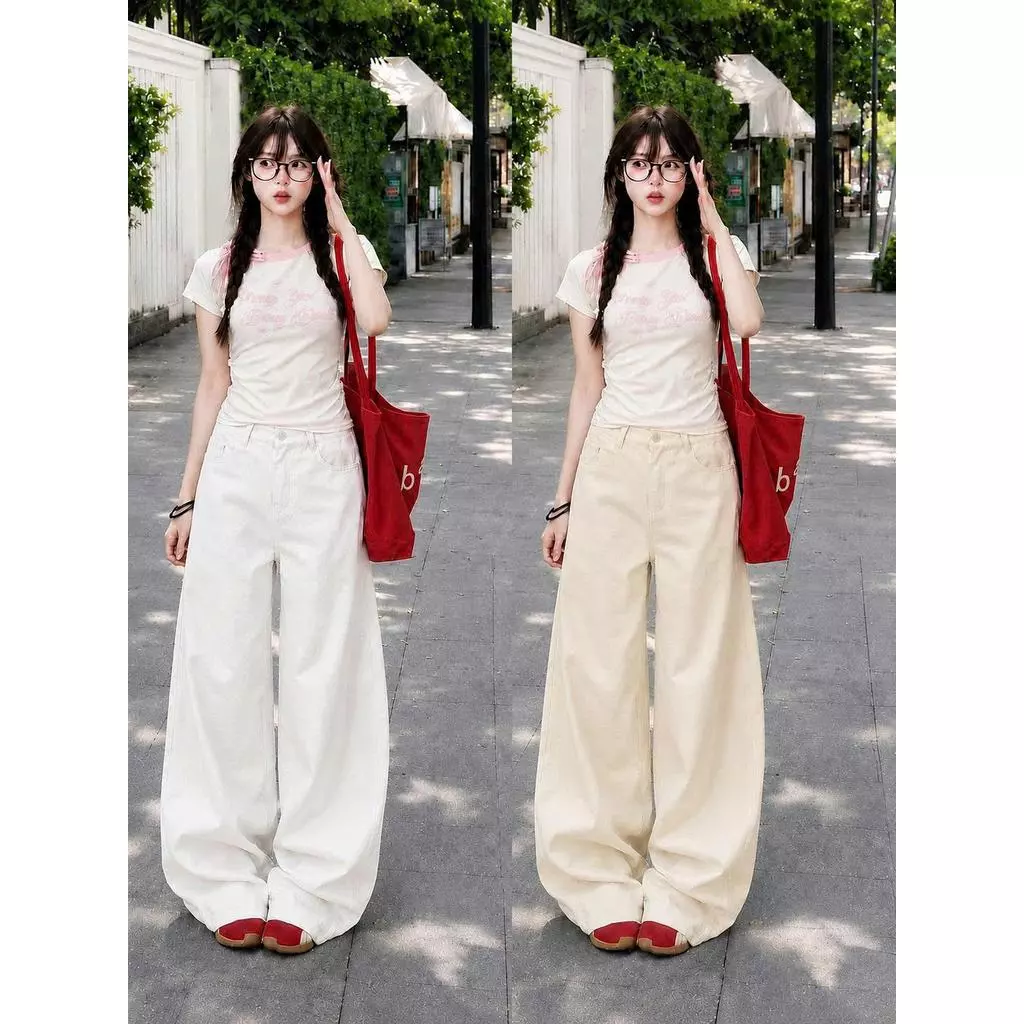 [Ống 30-34cm]Quần jeans ống rộng cạp cao, form suông rộng thời trang .Quần có 2 màu trắng kem và be sữa