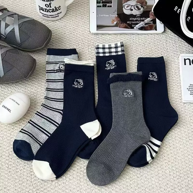 Hải Quân Xanh Thêu kt Mèo Preppy Phong Cách Cotton Tất Sọc Thu Đông Phong Cách Nhật Bản Không Xương Tất Cotton Thêu Giữa Ống Tất Hoạt Hình Dễ Thương