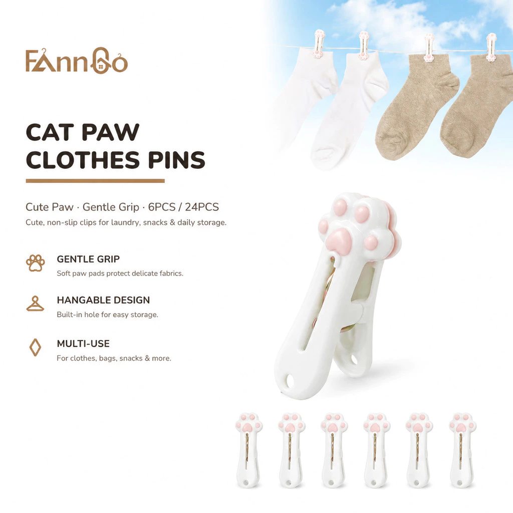 Kẹp quần áo bằng nhựa Fanngo Cat Claw 24 gói – Kẹp giặt không dấu vết dễ thương, niêm phong túi đa năng, Chốt đựng thực phẩm & quần áo chống trượt, Kẹp gia đình đáng yêu