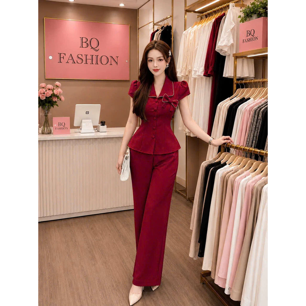Bộ Nữ Quần Dài Cotton Lạnh Kèm Ghim Nơ Rời Thời Trang LANO STORE