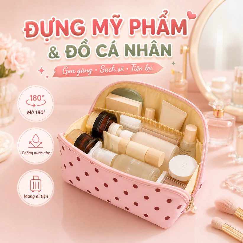 Túi Đựng Mỹ Phẩm Đồ Lót Du Lịch 3 Ngăn Đa Năng Chất Liệu PU Chống Nước Họa Tiết Chấm Bi Đựng Đồ Cá Nhân