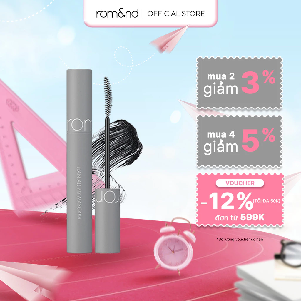 [Rom&nd] Mascara chuốt mi siêu dài và cong mi tự nhiên, chống trôi Hàn Quốc Romand Han All Fix Mascara - Han All Line 7g