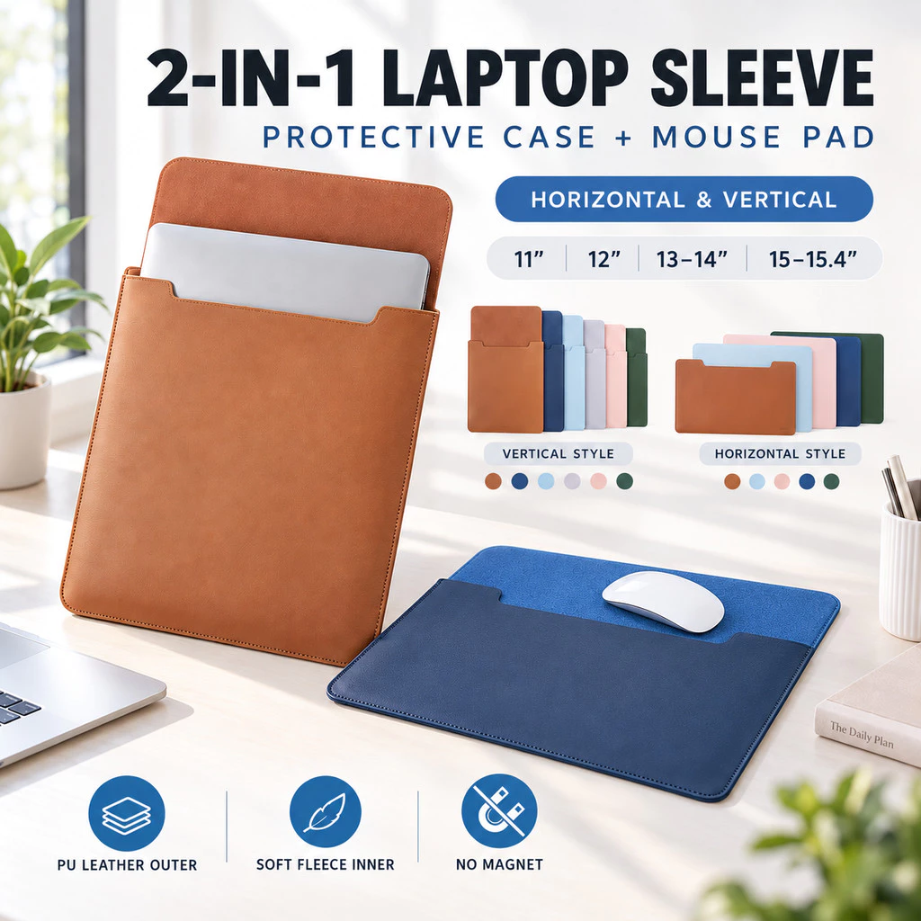 Túi Chống Sốc Laptop Da PU 2in1 Làm Tấm Lót Chuột Chống Nước 11 12 13 14 15 Inch Không Nam Châm