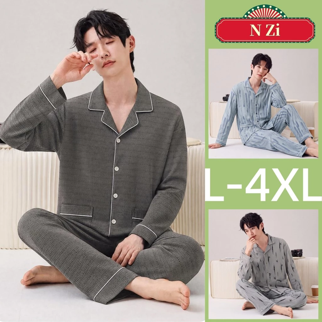 L-4XL Bộ Đồ Ngủ Nam 100% Cotton Plus Kích Thước Bộ Đồ Ngủ Mùa Thu Đông Phiên Bản Hàn Quốc Dài Tay Đồ Ngủ Người Rời Mặc Ở Nhà