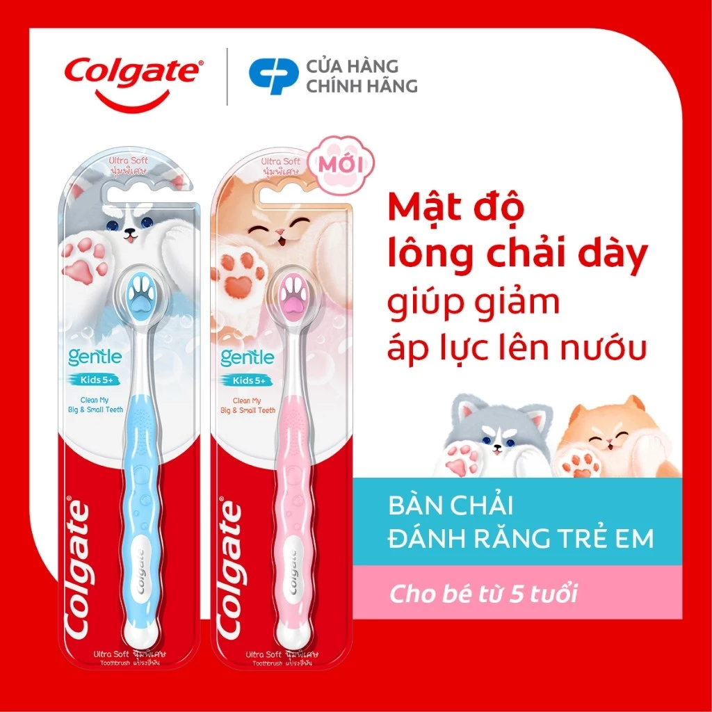 Bàn chải Colgate cho bé 5+ tuổi Fluffy Paw họa tiết thú cưng đáng yêu, lông chải siêu mềm
