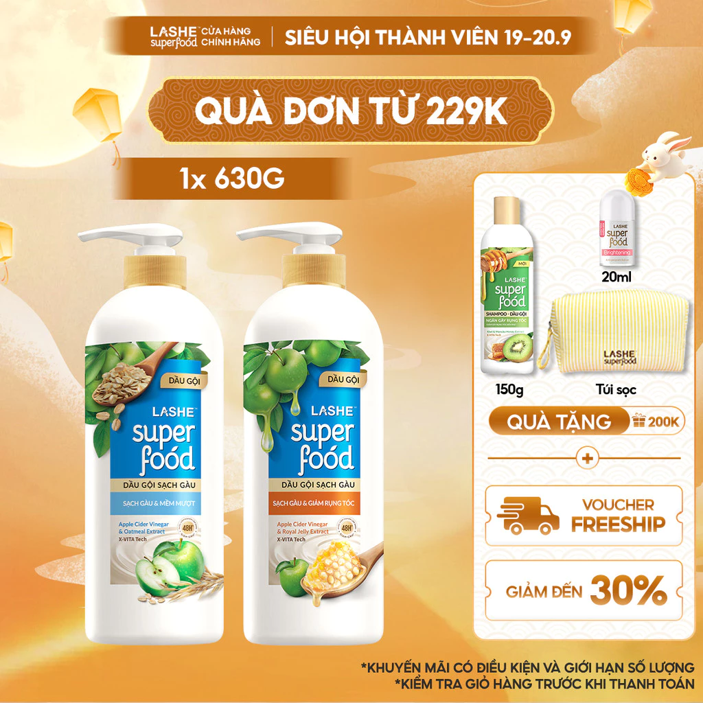 Dầu Gội LASHE SUPERFOOD Sạch Gàu Giảm Rụng/Sạch Gàu Mềm Mượt 630G
