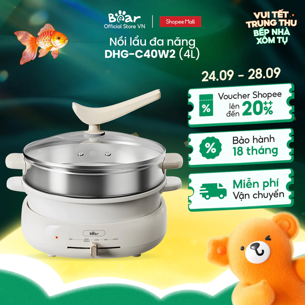 Bộ Nồi Lẩu Nướng Bear 3 khay 3in1 DHG-C40W2 - Hàng Chính Hãng