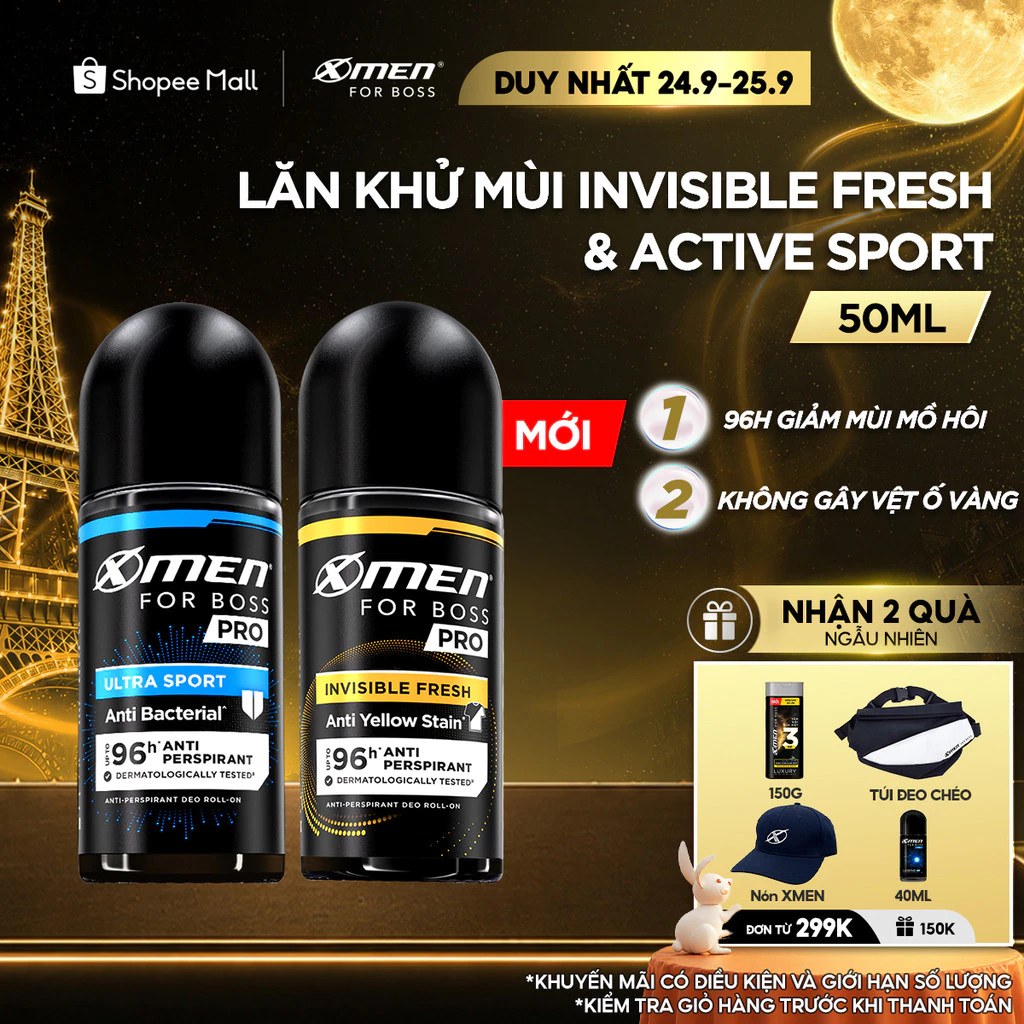[MỚI] Lăn Khử Mùi Xmen for Boss PRO 50ml Invisible Fresh & Ultra Sport 96H Giảm Mùi Mồ Hôi & Vệt Ố Vàng,Hương Nam Tính