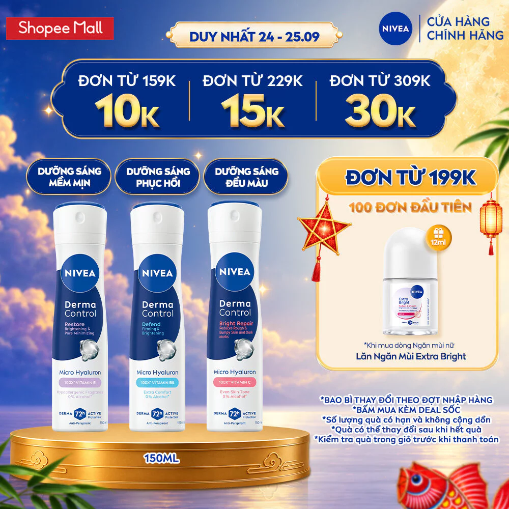 Xịt Khử Mùi NIVEA Derma Control Dành Cho Nữ 150ml - Dưỡng Sáng/ Mờ Thâm/ Phục Hồi Da - Ngăn Mùi Đến 72H