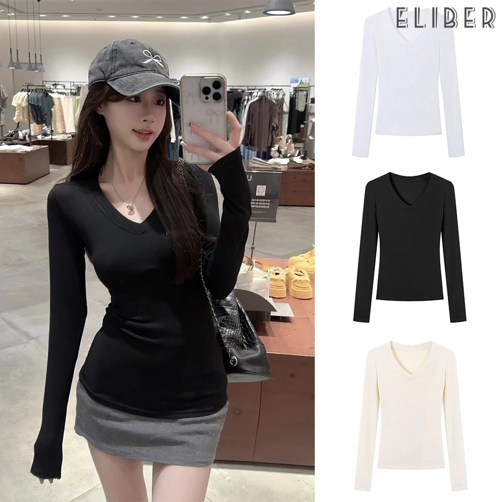 ELIBER- Áo Thun Dài Tay Cổ Chữ V Phối Bên Trong Mẫu Cơ Bản HOT GIRL Áo Mặc Trong Cho Nữ Tôn Dáng