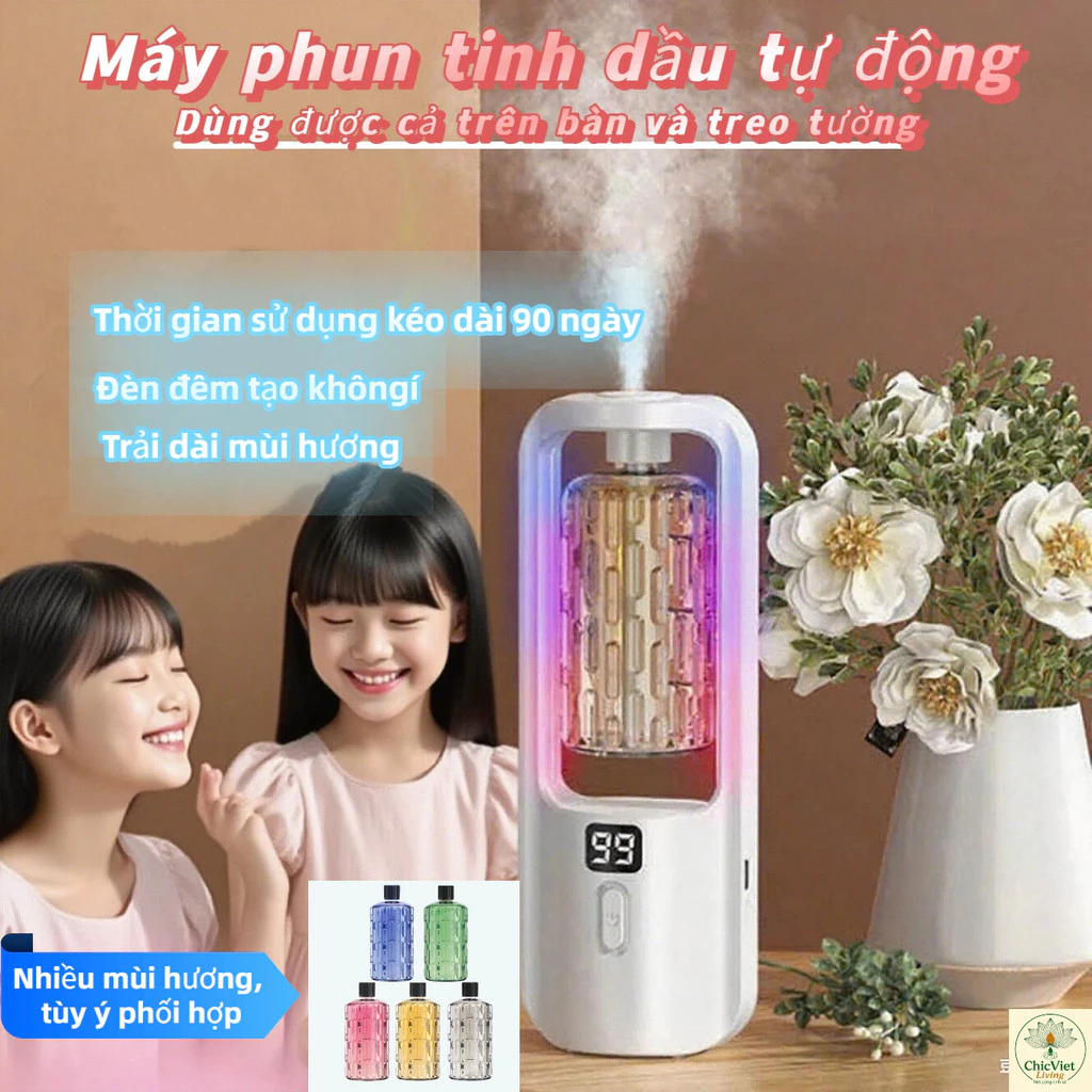 Máy khuếch tán tinh dầu tự động – 5 mùi hương tùy chọn, đèn LED đổi màu rực rỡ, sạc USB tiện lợi