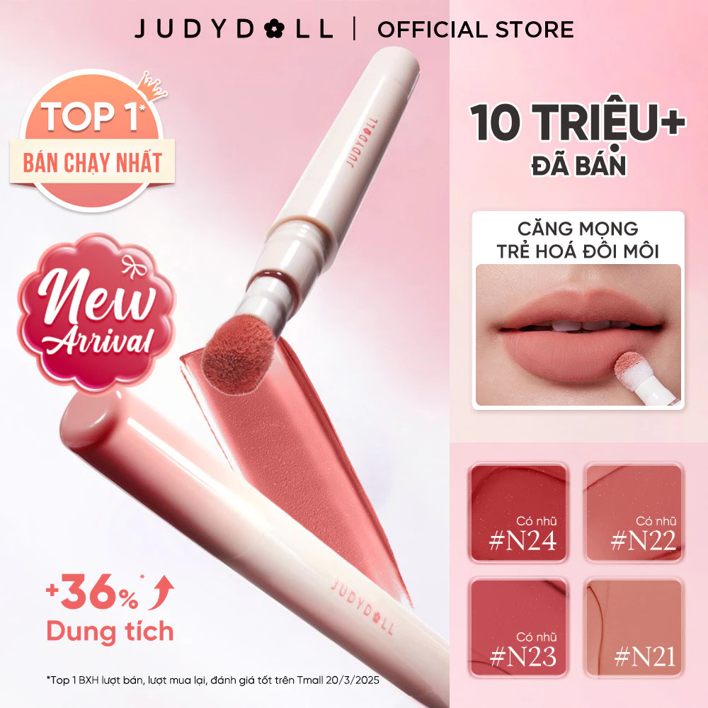 [MỚI] Son Đầu Bông JUDYDOLL Matte Lip Cream Son kem Mịn lì Mờ vân môi Chuẩn màu Lâu trôi 2,6ml