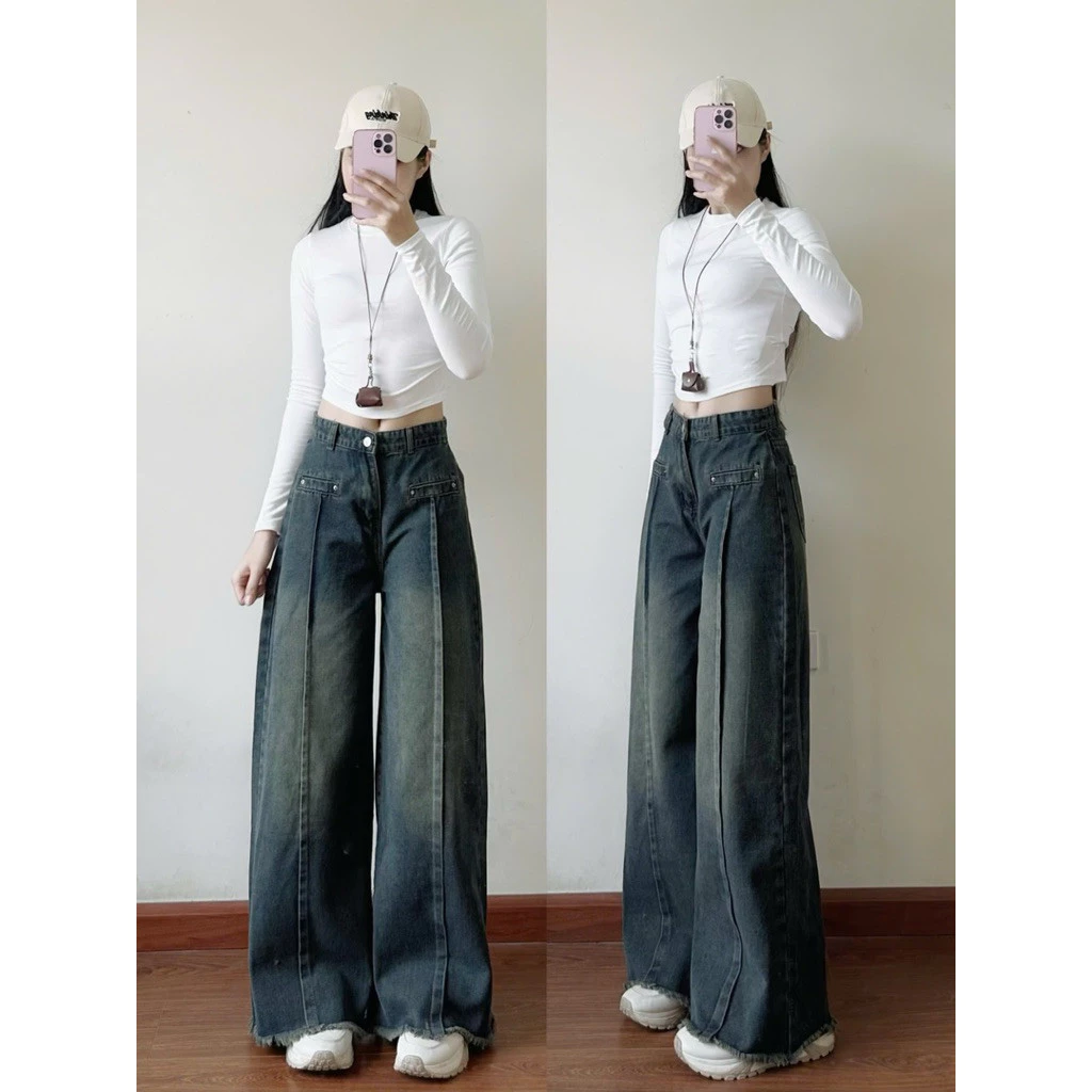 Quần jeans ống rộng túi cơi gân giữa gấu tua rua - MỘC STORE