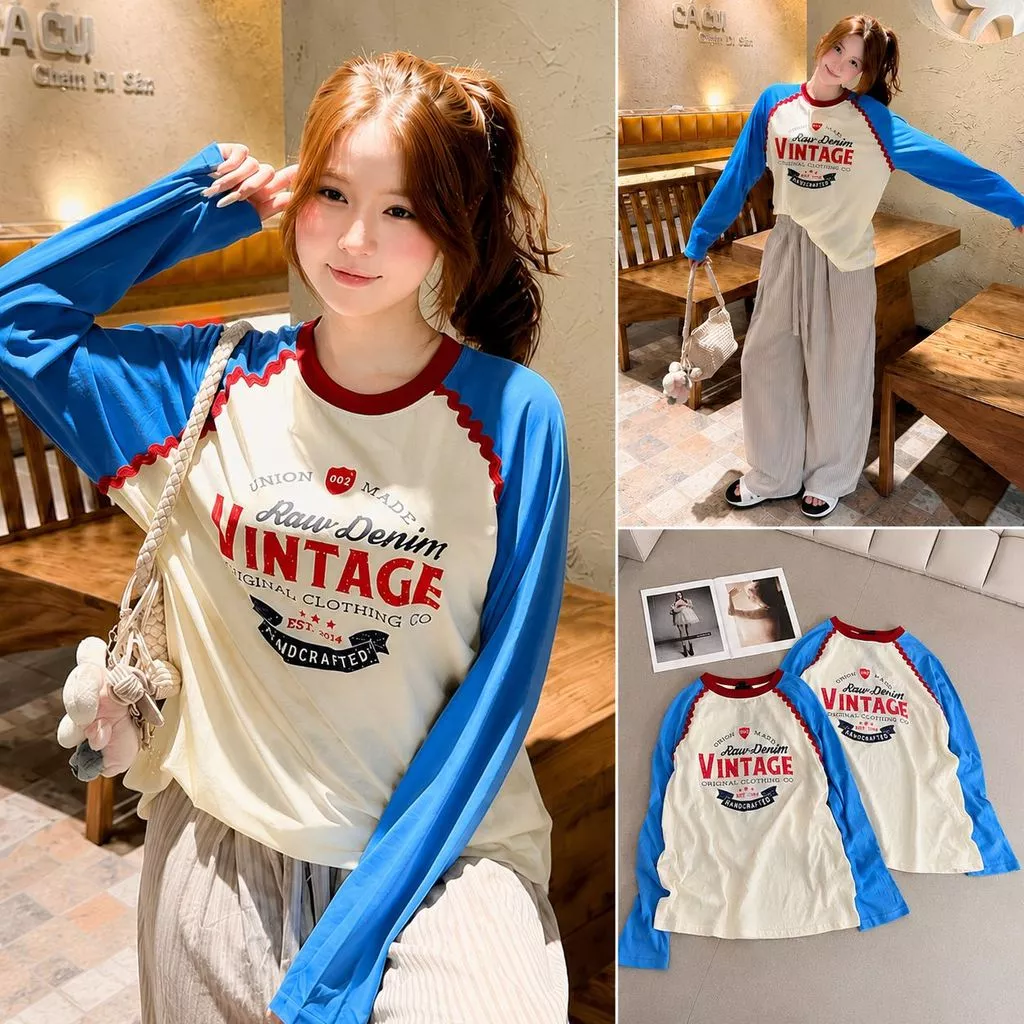 Áo Thun Raglan Tay Dài Nữ Form Rộng In Chữ Vintage  Unisex Áo Phông Hàn Quốc Y2K Ulzzang Thời Trang Hot Trend