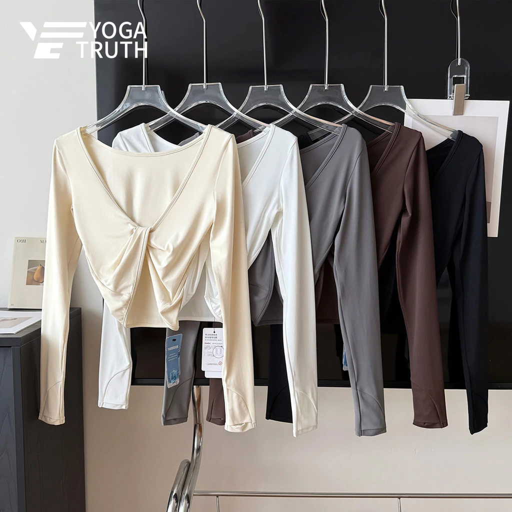 [YOGATRUTH] Tay dài thể thao Cảm giác mát mẻ Nút thắt chéo Lỗ ngón tay cái Kháng khuẩn Nhanh khô Crop Top Yoga Dance