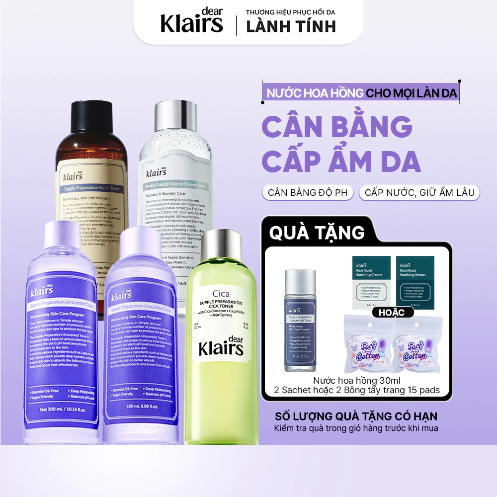 [ĐQ] Nước hoa hồng Dear, Klairs Supple Preparation Toner dưỡng sáng cấp ẩm lành tính
