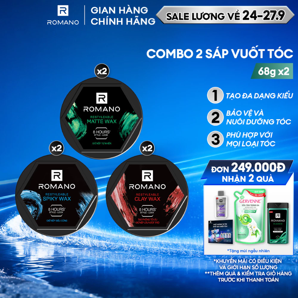 Combo 2 Sáp vuốt tóc nam Romano Restyleable 68g/hộp giữ nếp suốt 8h