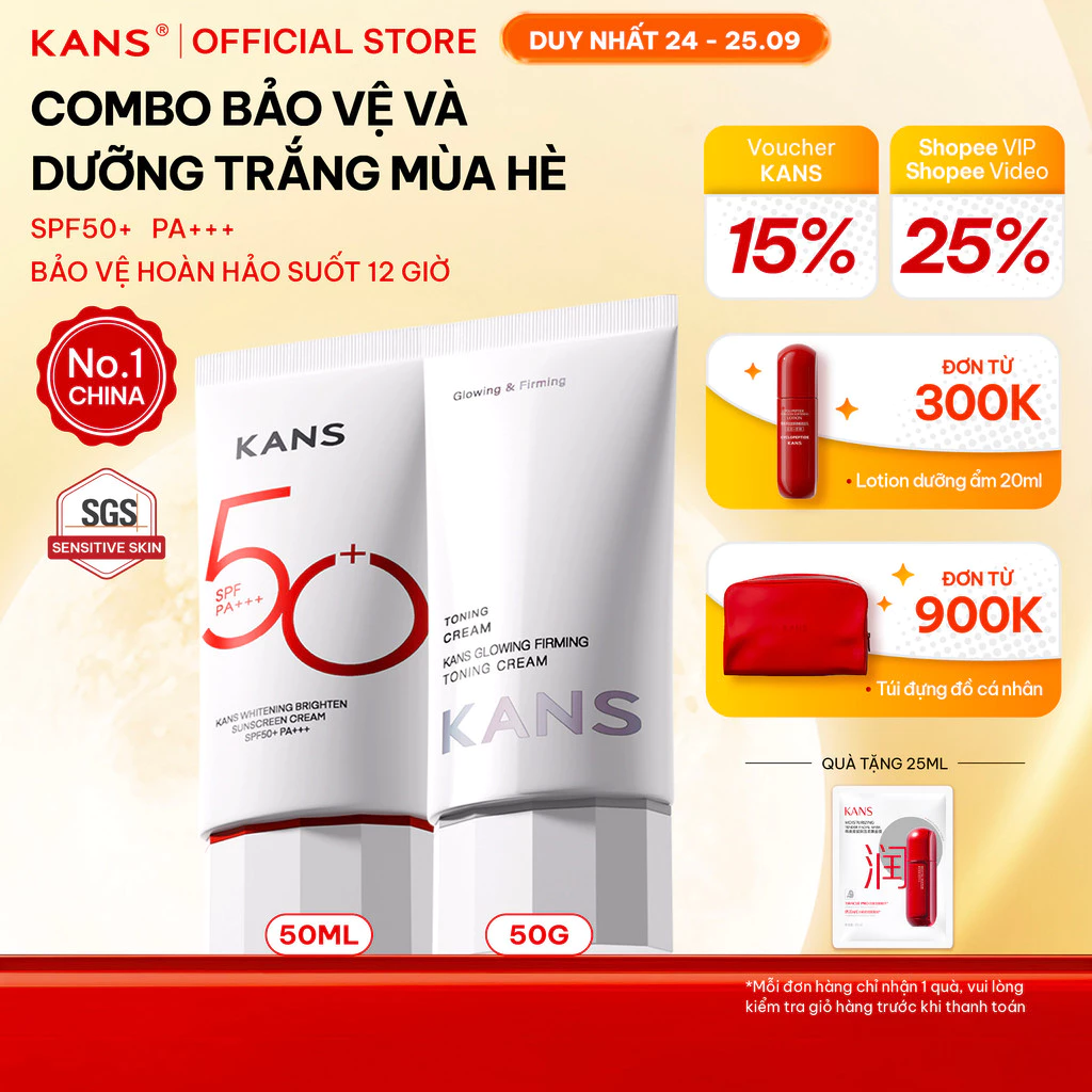 KANS Combo Kem Chống Nắng & Kem Nâng Tông giúp Bảo Vệ Da, Dưỡng ẩm và Làm Sáng Da Phù hợp với mọi loại da 50g&50ml
