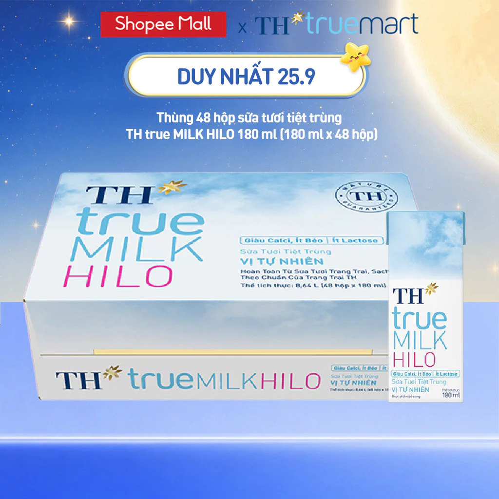 Thùng 48 hộp sữa tươi tiệt trùng TH true MILK HILO vị tự nhiên 180 ml (180 ml x 48)