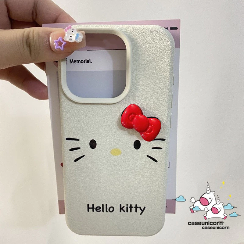Xu Hướng Thương Hiệu Dễ Thương Nơ Búp Bê 3D Hoạt Hình Đơn Giản Vỏ Kitty Tương Thích Cho IPhone 11 14 13 15 17 16 12 Pro Max XR XS Max X 16 15 14 Plus Air Luxury Skin Feel Leather Texture Soft Case