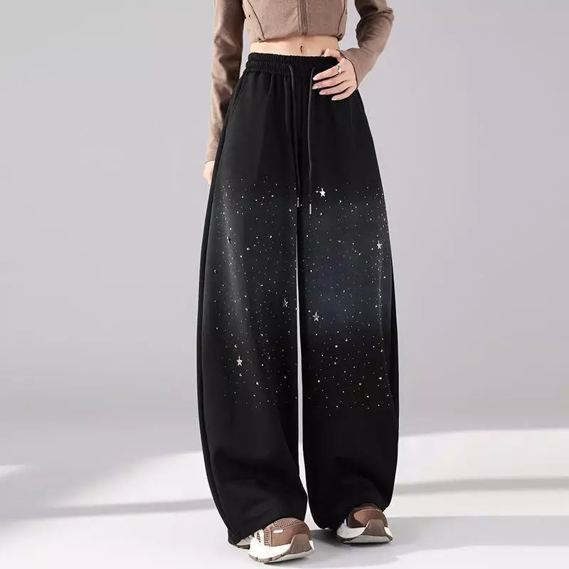 Phụ Nữ Mùa Thu Thường Ngày Cool Star Hot Fix Pha Lê Gradient Hai Chiều Co Giãn Eo Quần Ống Rộng