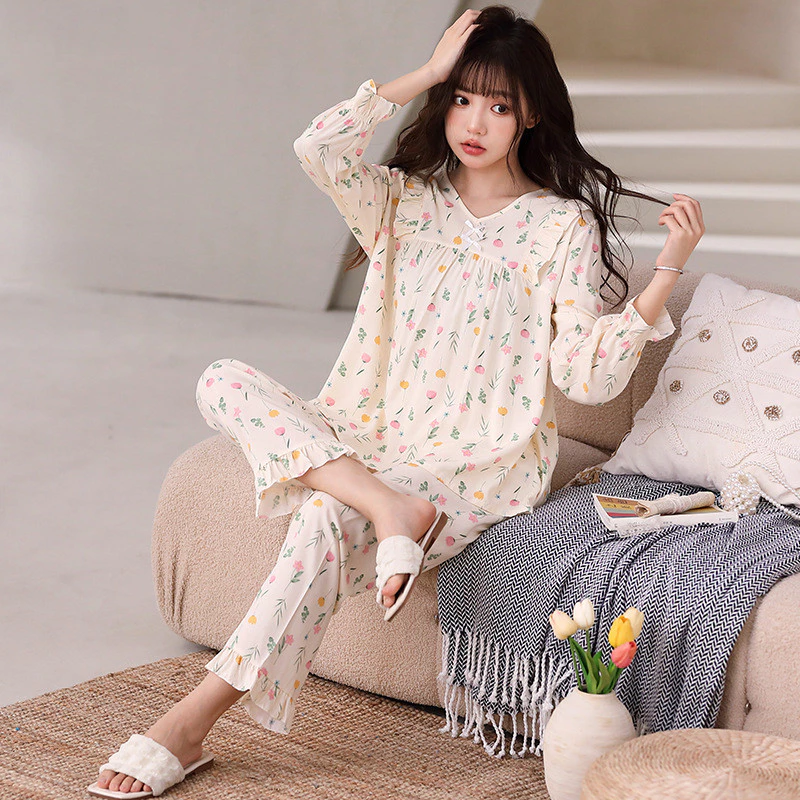 Bộ Đồ Ngủ Nữ Cotton Lụa Mùa Hè Ánh Sáng Thoải Mái Có Thể Thở Tốt Quần Dài Tay Bộ Đồ Ngủ Bộ 2 Món Có Thể We