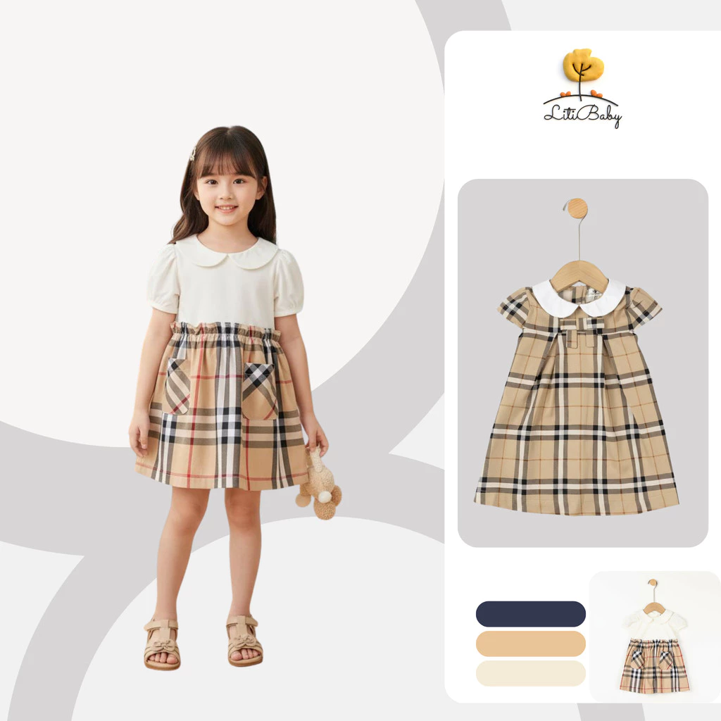 Váy bé gái cổ sen họa tiết caro thanh lịch mềm mát mùa hè LITIBABY 2-6 tuổi VT31